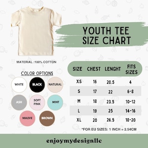 May include: A cream-colored youth t-shirt is displayed next to a size chart. The chart lists chest and length measurements in inches for sizes XS to XL. Color options include white, black, and natural.