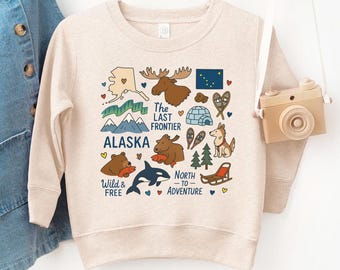 Alaska Kids Sweatshirt: USA States National Park Travel Gift - Toddler Sweater with State Symbols Baby Bodysuit for Family Vacation