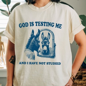 God is Testing Me And I Have Not Studied T-Shirt for Women and Men Funny Donkey Graphic Tee Tops with Positive Sayings Comfort Colors