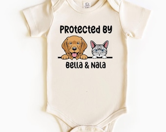 Protected By Pets Bodysuit, Personalized Baby Gift, Toddler Gift With Pet's Names Custom Cat and Dog Breeds Dog Sibling Dog Owner New Baby