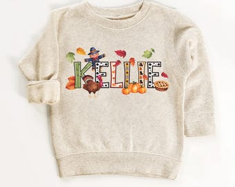 Custom Kids Thanksgiving Fall Name Sweatshirt, Toddler Fall Tee Kindergarten Shirt With Name, Pumpkin Toddler Personalized Sweater
