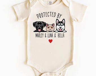 Protected By Pets Custom Bodysuit, Personalized Baby Gift, Toddler Gift With Pet's Names Cat and Dog Breeds Dog Sibling Baby Announcement