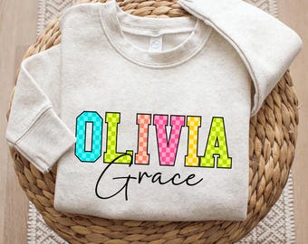 Custom Name Girl T-Shirt with Neon Checkered, Personalized Middle Name School Tee, Groovy Bright Kids Shirt, Youth Apparel Birthday Gift