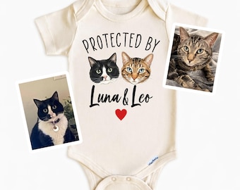 Custom Pet Portrait Baby Bodysuit , Protected By Dog or Cat Bodysuit, Personalized Pet New Baby Announcement Gift, Cat Sibling
