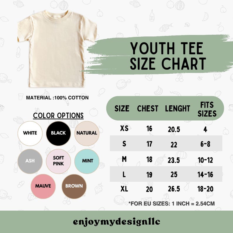 Op de afbeelding: Een cr&egrave;mekleurig jeugd-T-shirt met een maattabel. De tabel geeft borst- en lengtematen in inches voor de maten XS tot XL. Kleuropties zijn wit, zwart, naturel, as, zachtroze, mint, mauve en bruin. Het shirt is gemaakt van 100% katoen.