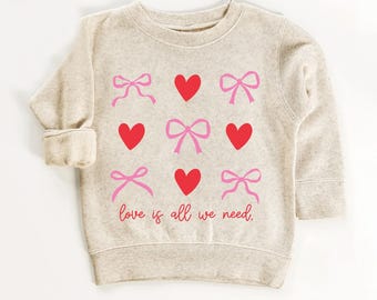 Love is All We Need Shirt for Kids Coquette Girl Valentine Day Sweatshirt, Coquette Toddler Crewneck Tee Kindergarten Pink Ribbon Shirt