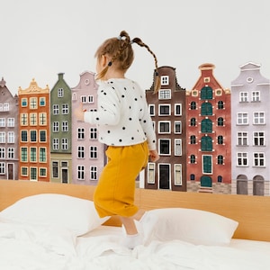 Watercolor Town Houses Wall Decal Set, European Town Wall Sticker Set, Removable Village Stickers, Watercolor Nursery Decals