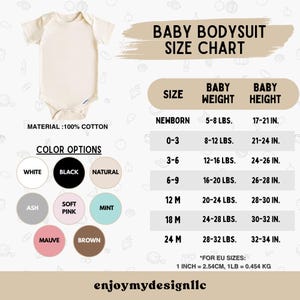 Op de afbeelding: Een cr&egrave;mekleurige babybody van 100% katoen. De afbeelding bevat een maattabel met babygewicht- en hoogtematen in inches en ponden. Kleuropties zijn wit, zwart, naturel, as, zachtroze, mint, mauve en bruin.