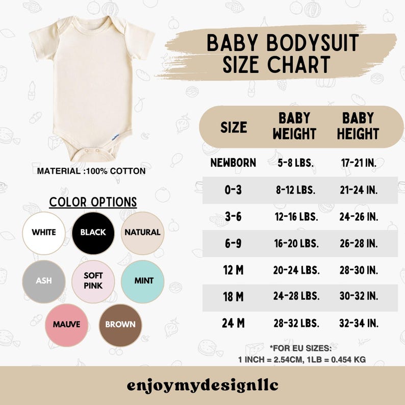 Op de afbeelding: Een cr&egrave;mekleurige babybody van 100% katoen. De afbeelding bevat een maattabel met babygewicht- en hoogtematen in inches en ponden. Kleuropties zijn wit, zwart, naturel, as, zachtroze, mint, mauve en bruin.