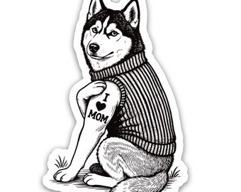 Husky Tattoo Sticker - "I Love Mom" Dog Mom Decal - Edgy Pet Art for Laptops, Water Bottles & Cool Gifts