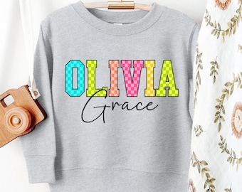 Custom Name Girl T-Shirt with Neon Checkered, Personalized Middle Name School Tee, Groovy Bright Kids Shirt, Youth Apparel Birthday Gift