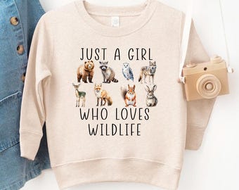 Just a Girl Who Loves Wildlife Sweatshirt | Forest Animals Kids Crewneck | Woodland Birthday Shirt | Camping Nature Lover Fox Rabbit Tee