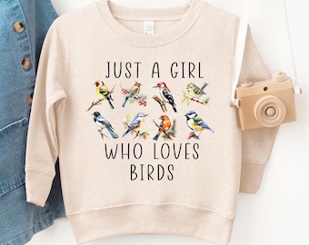 Just a Girl Who Loves Birds Sweatshirt | Bird Watcher Toddler Crewneck | Nature Lover Tee | Bird Feeder Gift | Colorful Bird Species Shirt