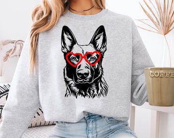 Custom Dog Lover Sweatshirt with Heart Glasses, Valentines Day Dog Mom Shirt, Personalized Dog Breed Hoodie, Malinois Puppy Heart Eyes