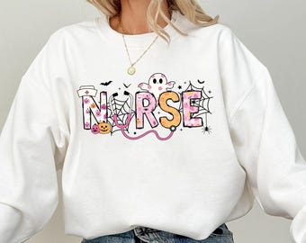 Nurse Halloween Sweatshirt, Pink Nurse Halloween Sweatshirt, Cute Trendy Shirt, Spooky Halloween Fall Sweater ER Nurse
