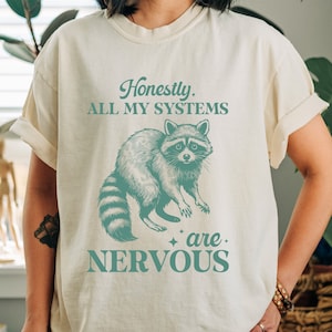 Honestly All My Systems Are Nervous Funny Raccoon T-Shirt for Women and Men Funny Tee Sarcastic Comfort Colors Mental Health Shirt