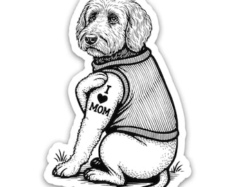 Funny Doodle Tattoo Sticker - "I Love Mom" Goldendoodle Decal - Edgy Pet Art for Laptops, Water Bottles & Cool Gifts