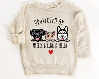 Protected By Pets Toddler Sweatshirt , Personalized Kids Tee, Youth Gift With Pet's Names Custom Cat and Dog Breeds Dog Sibling Dog Owner