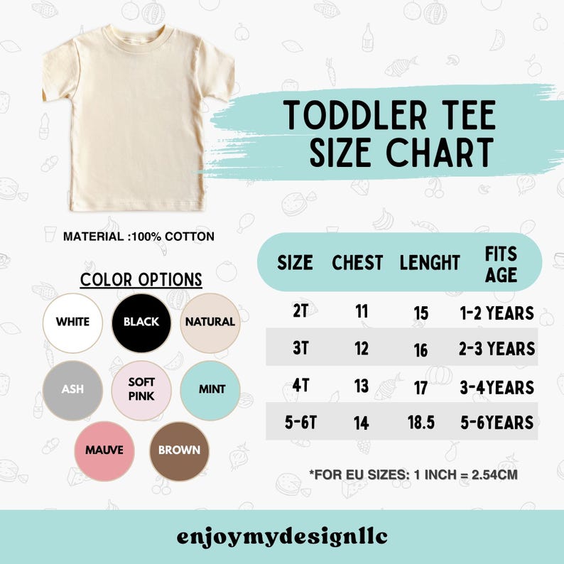 Op de afbeelding: Een cr&egrave;mekleurig peuter-T-shirt wordt getoond met een maattabel. De tabel geeft borst- en lengtematen in centimeters voor de maten 2T tot 5-6T. Kleuropties zijn wit, zwart en naturel.