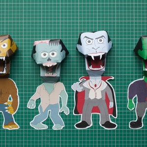 Kit per costruire burattini di carta stampabile a foglio singolo: zombie, vampiro, lupo mannaro e mostro