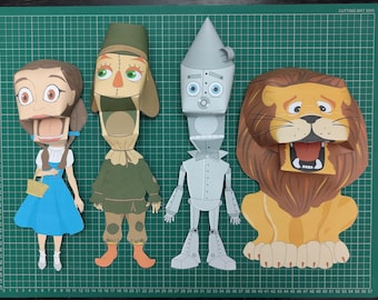 Plantillas PDF de marionetas de papel de Dorothy, el Espantapájaros, el Hombre de Hojalata y el León Cobarde