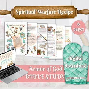 May include: A digital download Bible study titled Spiritual Warfare Recipe and Armor of God Bible Study, featuring six printable pages with illustrations of swords, shields, and doves, displayed on a laptop screen alongside a teal oven mitt.