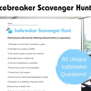 May include: A printable icebreaker scavenger hunt game with 10 questions to find someone who has done certain things, such as been to more than 3 concerts in a year or knows how to do origami. The game has a blue and white color scheme and the text "60 Unique Icebreaker Questions!" is in a blue circle.