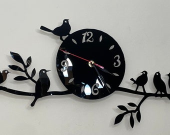 Horloge murale en vinyle noir oiseaux