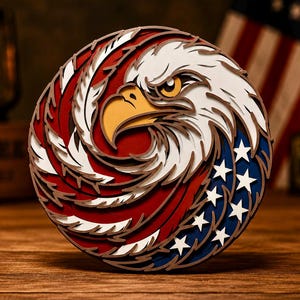 May include: A circular multi-layered wooden wall art piece featuring a stylized bald eagle head. The design incorporates red, white, and blue colors with white stars on a blue background, mimicking the American flag pattern with intricate cutouts.