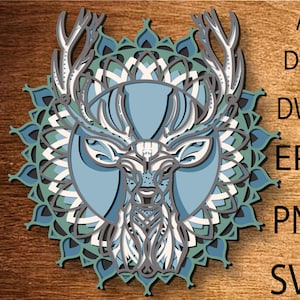 Ciervo de la suerte en capas SVG, mandala 3D, ciervo en capas SVG, corte de papel de ciervo, arte de madera 3D, decoración de madera geométrica, corte de madera contrachapada, regalo de naturaleza boho