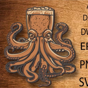 3D-octopus biermandala SVG, 3D gelaagde octopus, meerlagige Svg-bestanden, papiersnede, Octopus SVG, Octopus DXF, lasersnijden, Octopus triplex snijden