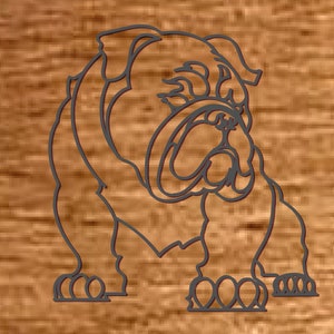 May include: A black and white line drawing of a bulldog on a woodgrain background.