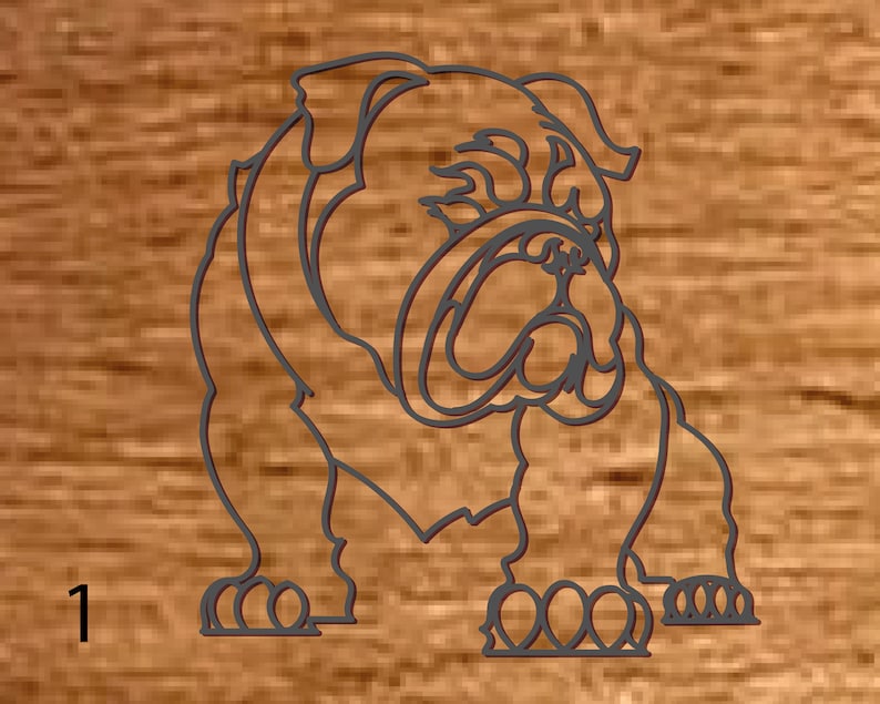 May include: A black and white line drawing of a bulldog on a woodgrain background.