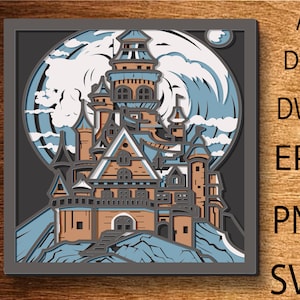 Haunted House Halloween meerlaagse Svg, 3D-laagbestand, mandala SVG-bestanden, lasergesneden sjabloonbestanden, gelaagde CNC-router, 3D-mandala multiplex