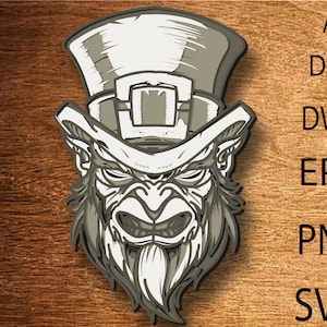 May include: A black and white illustration of a leprechaun's face with a mischievous expression. He is wearing a tall hat with a brim and a buckle.