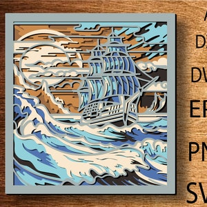 Paysage marin Svg multicouche, couche 3D bateau océan, fichiers SVG Mandala, fichiers de modèle découpés au Laser, routeur CNC en couches svg, mandala 3D contreplaqué