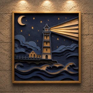 May include: A layered wooden wall art piece featuring a lighthouse emitting a light beam across a dark blue night sky with a crescent moon and stars. The scene includes a small house, a fence, and stylized ocean waves in shades of blue and tan.