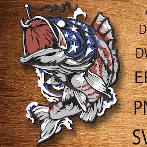 Pesca americana in formato SVG, bandiera americana, aquila calva, file tagliato al laser, multistrato, taglio fai da te, Glowforge, pesce di legno, decorazione da parete
