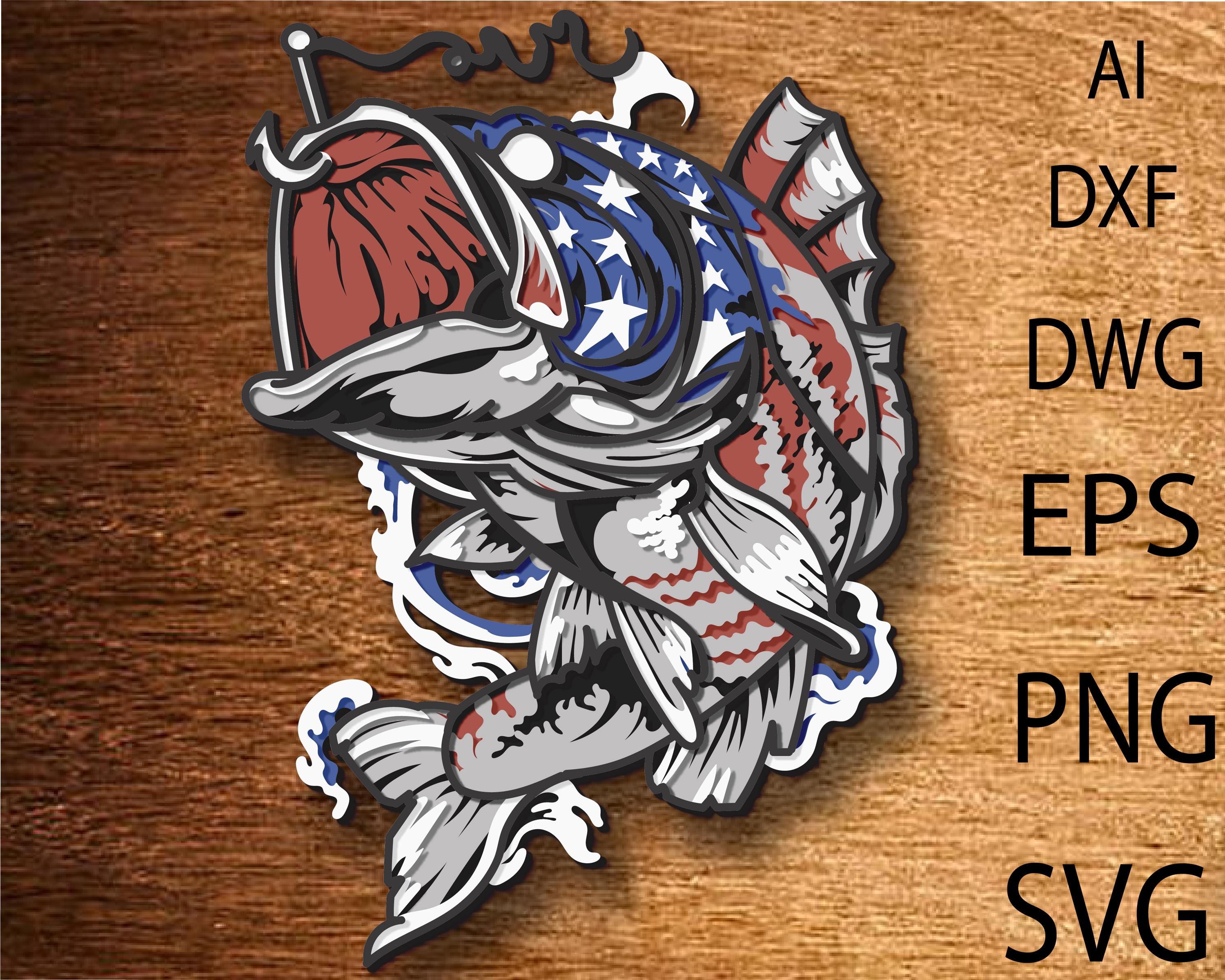 American fishing SVG, American Flag, Bald Eagle, Laser Cut file, Multilayer, DIY Cutting, Glowforge, Wooden Fish, Wall Decor