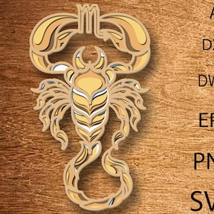 May include: A layered, golden-yellow scorpion zodiac sign design. The image features the scorpion's claws, body, and tail, with a detailed, multi-layered effect. The image also includes the file type abbreviations: AI, DXF, DWG, EPS, PNG, and SVG.