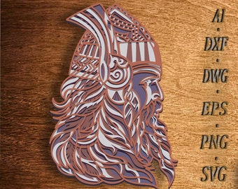 May include: A detailed, intricate, and ornate design of a warrior's head with a helmet and beard. The design is in shades of brown, white, and purple.