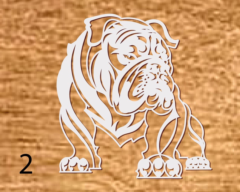 May include: White silhouette of a bulldog with a detailed design. The bulldog is standing with its front paws slightly raised.