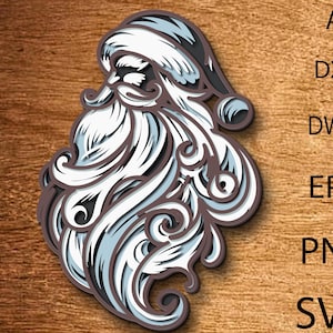 May include: A layered Santa Claus design in white, grey, and brown, featuring a long beard and hat. The image includes text on the right: AI, DXF, DWG, EPS, PNG, and SVG. The design is set against a wood grain background.
