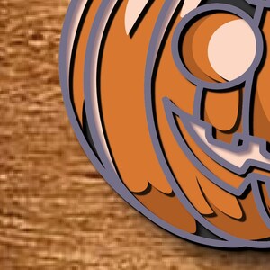 May include: A layered orange pumpkin illustration with a carved face, featuring a black mouth and eyes, and a light orange nose. The pumpkin has a grey outline and is set against a brown wooden background. A festive Halloween decoration.