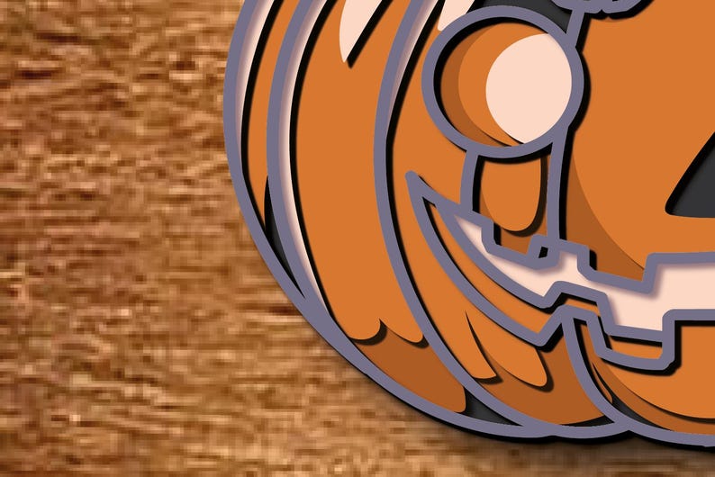 May include: A layered orange pumpkin illustration with a carved face, featuring a black mouth and eyes, and a light orange nose. The pumpkin has a grey outline and is set against a brown wooden background. A festive Halloween decoration.