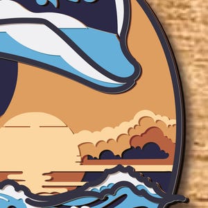 May include: A stylized illustration of a dolphin jumping out of the water with a sunset in the background. The dolphin is blue and white, and the sunset is orange and yellow. The water is blue and white.