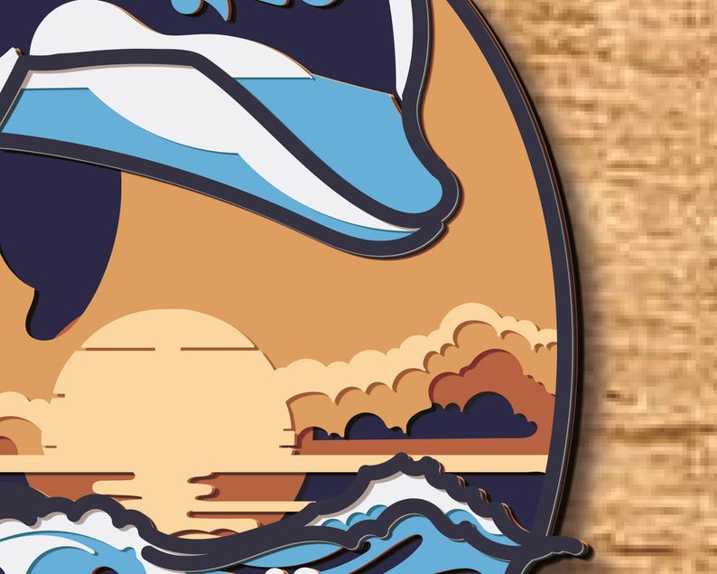 May include: A stylized illustration of a dolphin jumping out of the water with a sunset in the background. The dolphin is blue and white, and the sunset is orange and yellow. The water is blue and white.