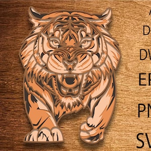 Plik SVG 3D Tiger Mandala, 3D Warstwowy Tygrys, Wielowarstwowe Pliki SVG, Cięcie papieru Tygrys, Dzikie Zwierzę SVG, Tygrys DXF, Cięcie laserowe, Cięcie sklejki Tygrys