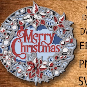 Kerstkrans meerlaagse SVG, kerstmis, koude krans, lasergesneden bestand, meerlaags, doe-het-zelf snijden, Glowforge, houten mandala, wanddecoratie