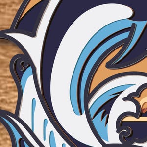 May include: A stylized illustration of a blue and white wave crashing against a brown and orange background. The wave is depicted in a layered, paper-cut style, creating a three-dimensional effect.